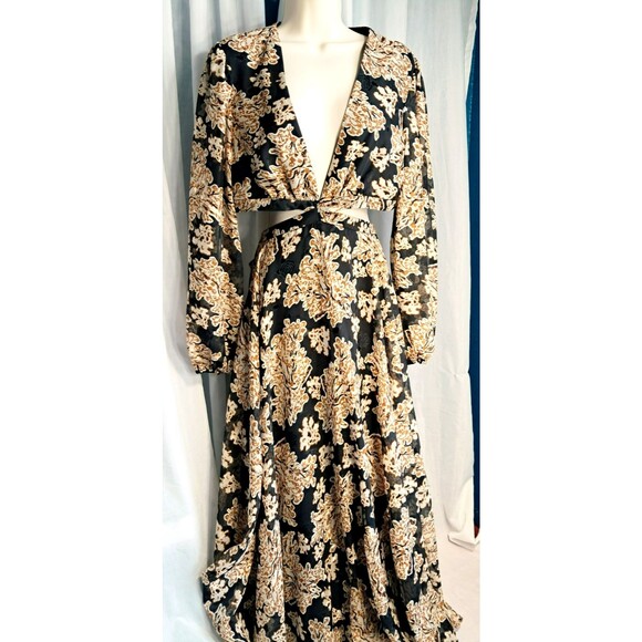 NWT Gianni Bini Black Brown V-Neck Cut Out Maxi Dress Size 12 - Picture 4 of 10